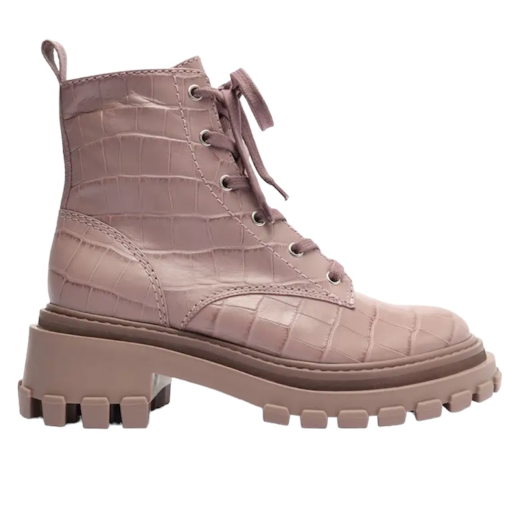SCHUTZ NWT ORLY CROC PRINTED LUG SOLE COMBAT BOOTS SWEET LILAC 5.5
